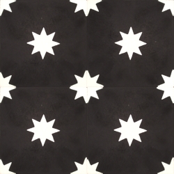 Cement tiles 2601 with a stars design in the colours black and white.
